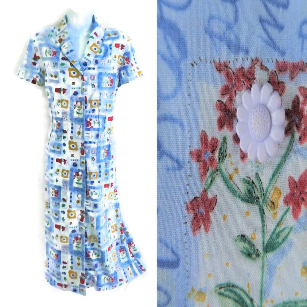 Vintage 50s 60s Dress Sheath Midi Garden French Housecoat Cottagecore Garden M L